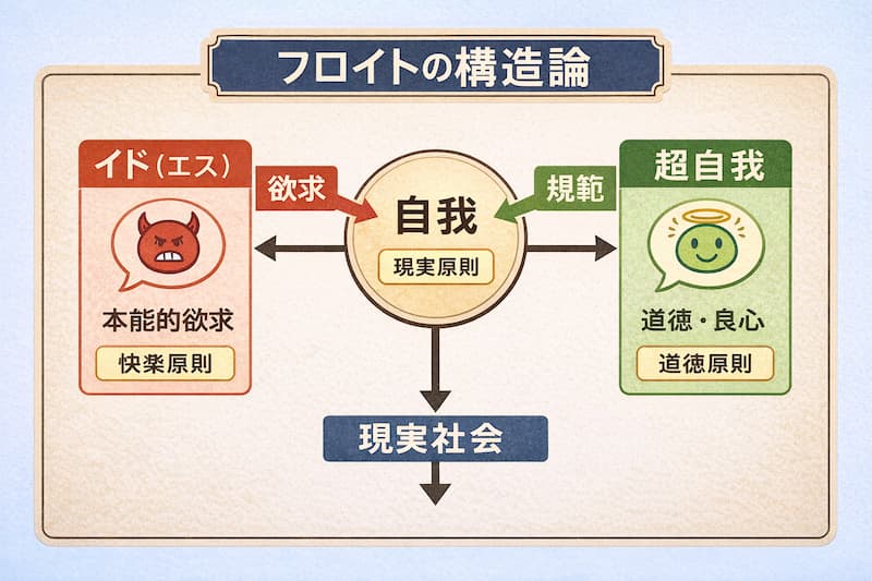 フロイトの構造論を図解｜イド（エス）・自我（エゴ）・超自我の役割と3原則（快楽・現実・道徳）をわかりやすく整理
