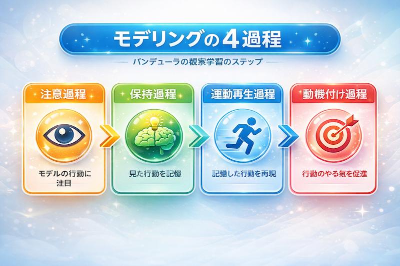 バンデューラの社会的学習理論におけるモデリングの4過程(注意・保持・運動再生・動機付け)を解説した図